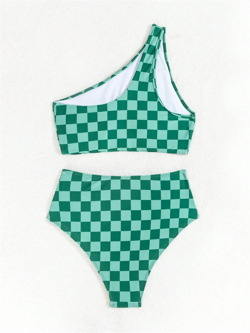 Stylish Women One Shoulder Bikini Green Square Pattern Swimwear Lady Retro High Waist Bikinis set Two Piece Swimsuit Summer Padded Beach Bathing Suit