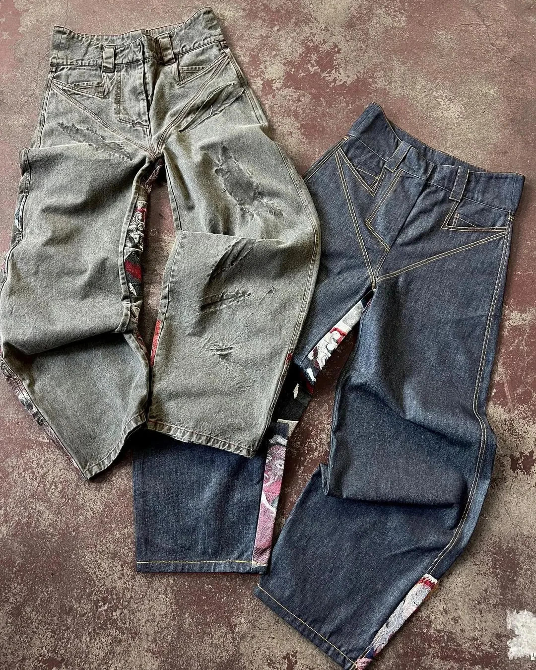 Street jeans Y2K Harajuku Gothic retro hip-hop embroidered pocket jeans mens and womens high waist wide leg mens jeans 241231