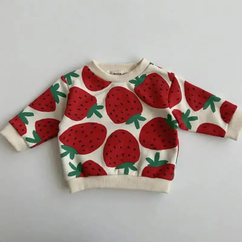 Autumn Winter Boy Girl Children Strawberries Long Sleeve Sweatshirt Kid Cotton Print Thick Warm Tops Baby Fashion Pullover Shirt 241226