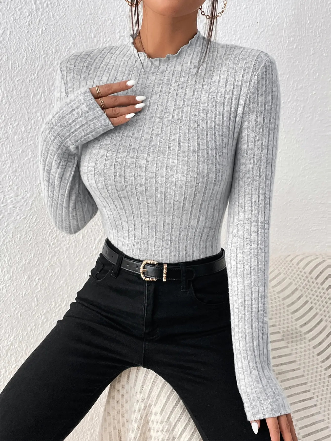 Fashion Slim Ruffle Neck Knit Long Sleeve Top Lace MidCollar Womens Striped Bottom Shirt Autumn and Winter Casual Sweater 241231