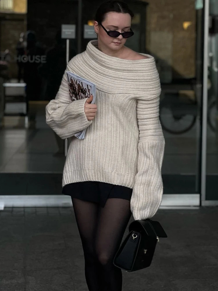 BKQU Solid Shoulder Knitted Sweater for Women Fashion Long Sleeve Ultra Thick Knitted Autumn and Winter Street Clothing 241231