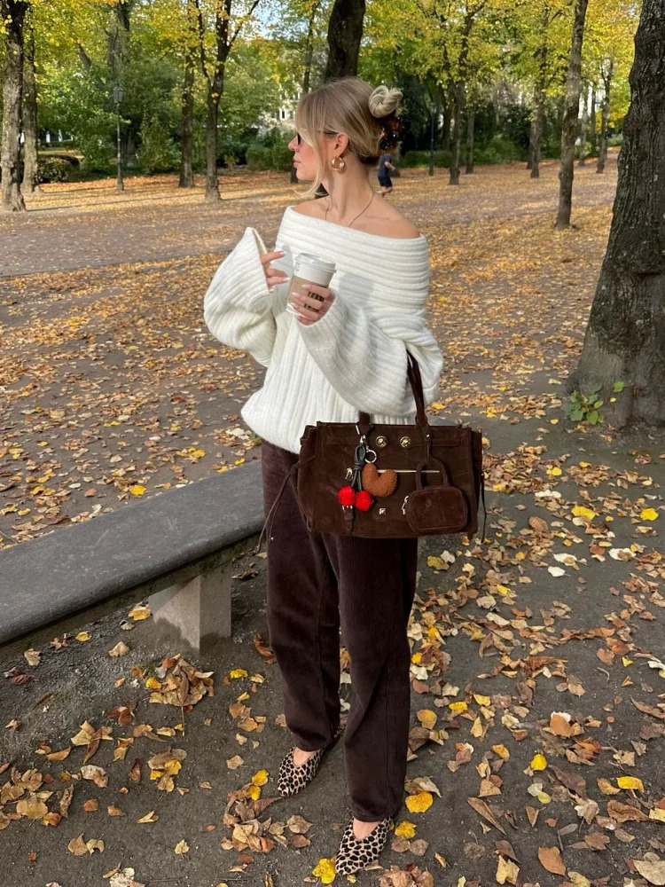 Womens sexy solid single neck ribbed sweater fashionable off shoulder long sleeved knitted pull-out autumn womens fashion street knitted 241231