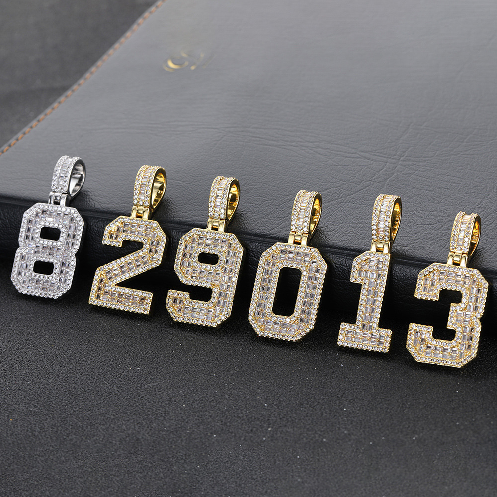 Hip Hop Charm DIY Custom 0-9 Numbers Pendant Necklace Jewelry 5A T Zircons Mens Women Gift
