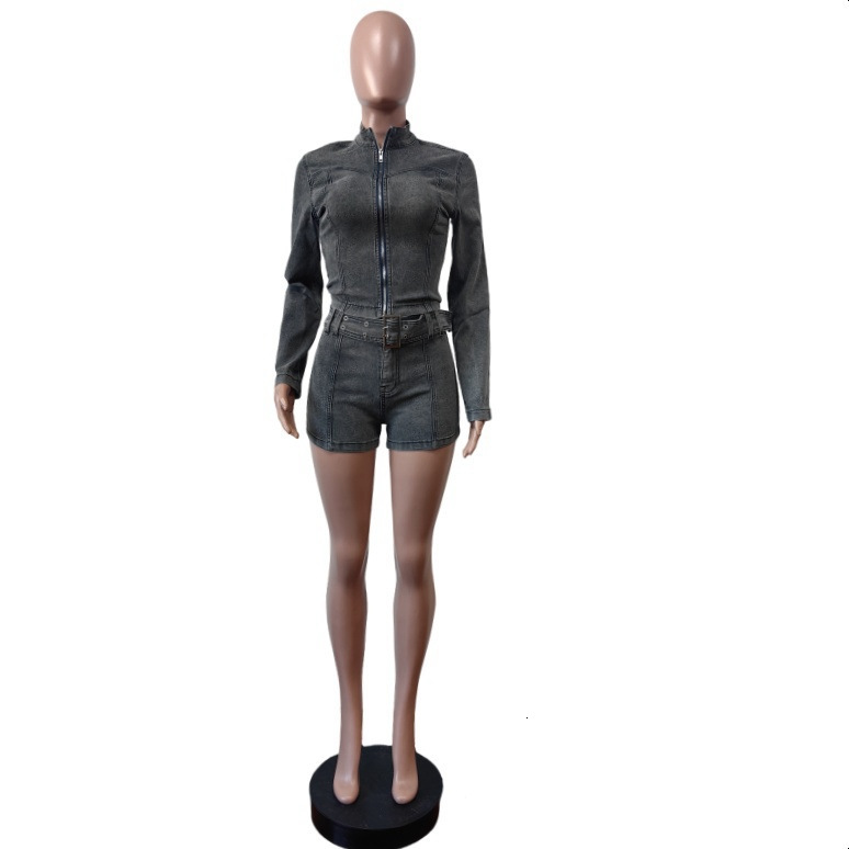 Women Tracksuits Two Pieces Set Designer 2025 New Fashion Denim Shorts Set Long Sleeved Elastic Shorts Belt Set
