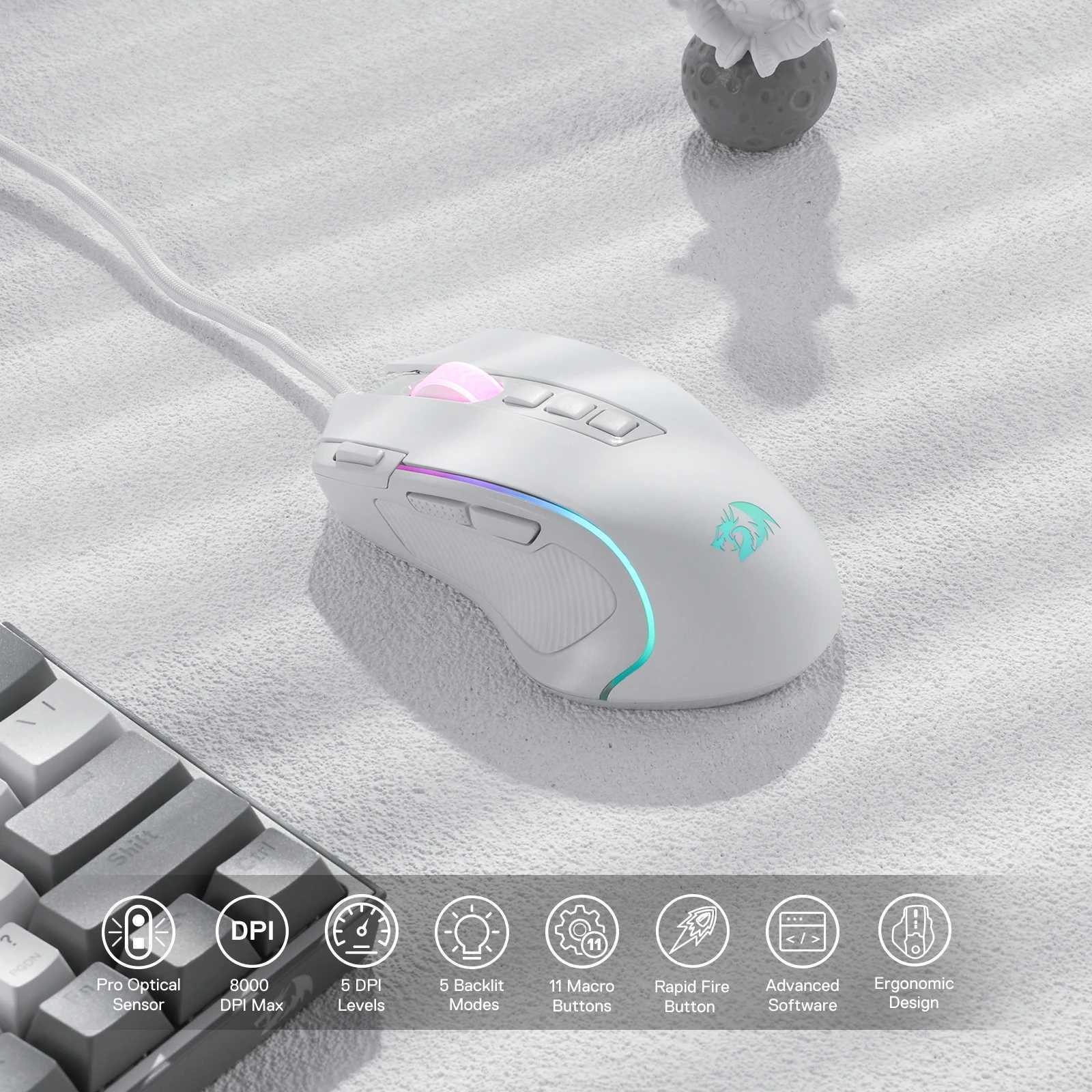 Redragon M612 Predator RGB Gaming Mouse 8000 DPI Wired Optical with 11 Programmable Buttons White M250102