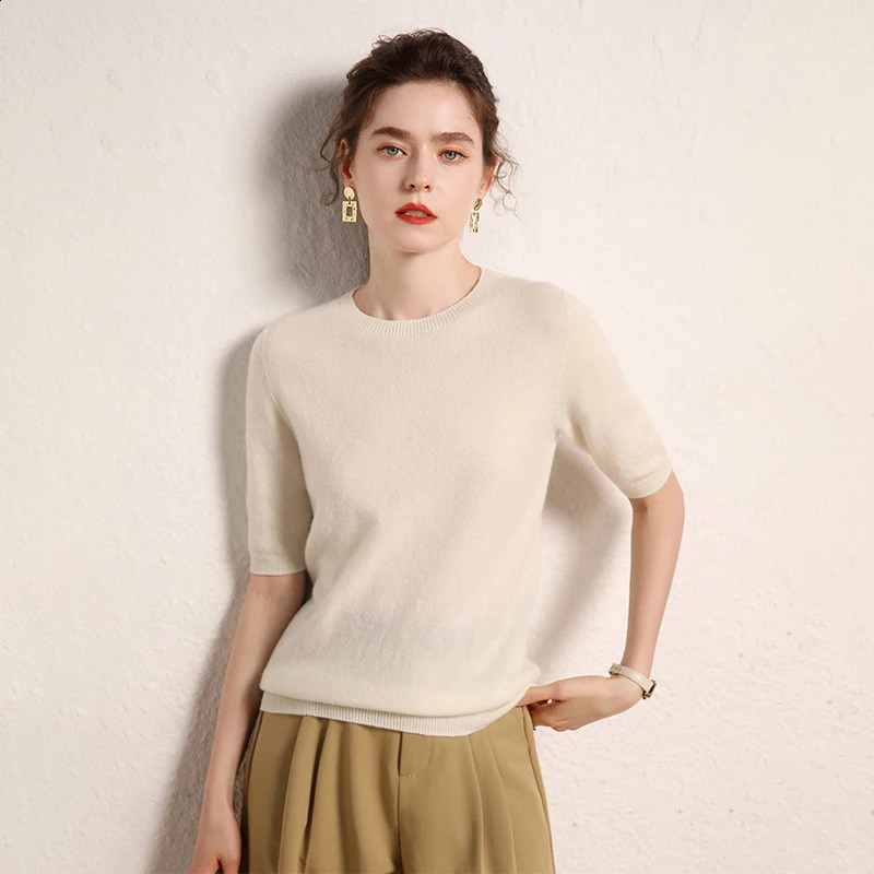 100 cashmere womens sweater short sleeved knitted Oneck five quarter sleeve fashionable selling Tshirt 241231