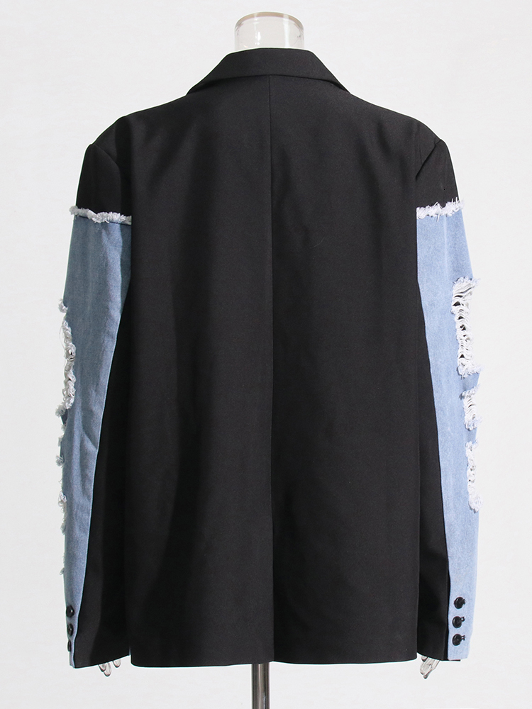 hoodie TWOTWINSTYLE Hit Color Hollow Out Patchwork Button Blazer For Women Notched Coller Long Sleeve Spliced Denim Chic Blazers Female jacket