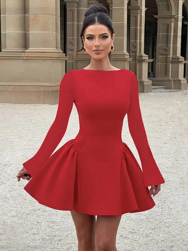 Mozision Elegant Long Sleeve Sexy Womens Mini Dress Solid O-Neck High Waist A-line Bodycon Club Party Dress 241231