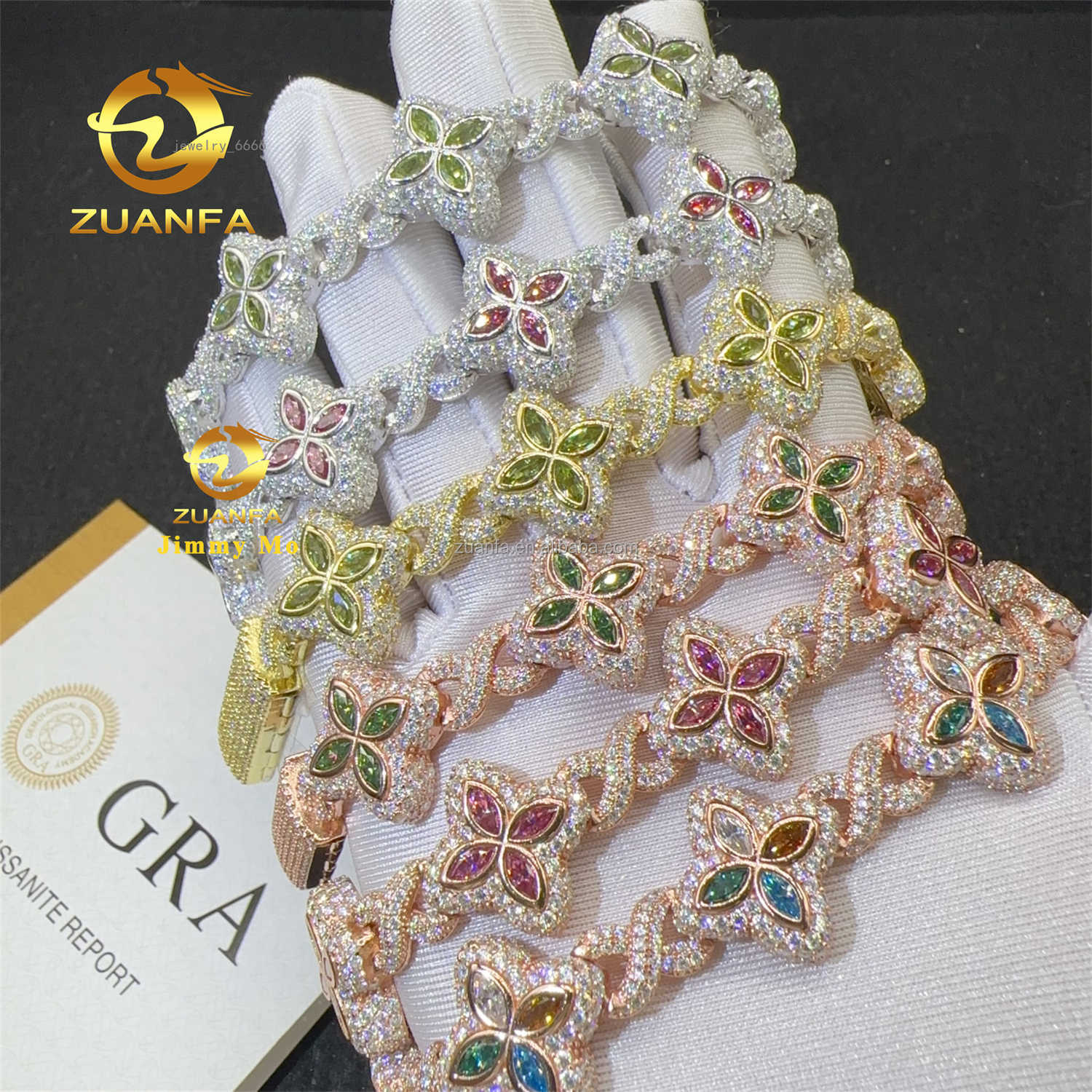 New Arrivals Stock Fashion 925 Silver Marquise Flower Hip hop Jewelry Iced out Moissanite Diamond Infinity Cuban Bracelet Men