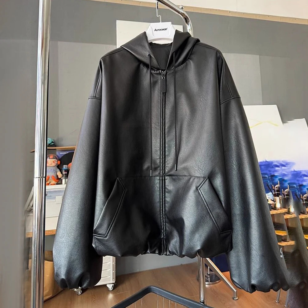 Mens fashion casual Y2k silhouette hooded leather jacket mens autumn and winter smooth windproof motorcycle jacket mens clothing 241230