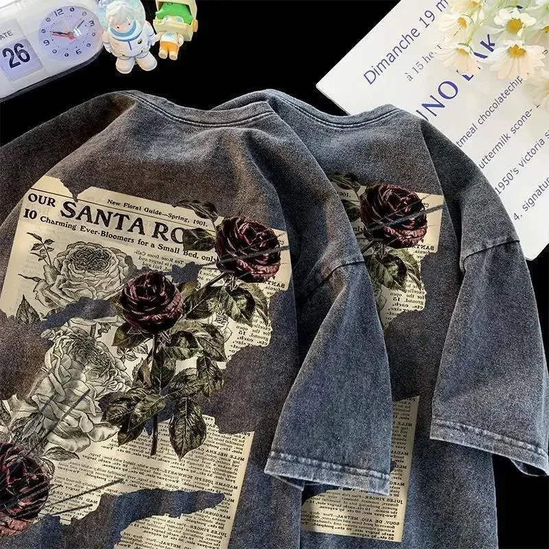 American retro T-shirt washed and worn short sleeved men and women heavyweight top summer oversized loose half sleeved clothes 241231