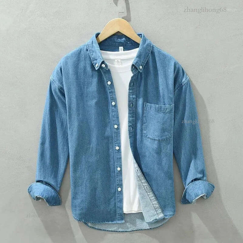 Men's Casual Shirts #7627 Cotton Vintage Denim Shirt Men Turn-down Collar Retro Outerwear Long Sleeve Loose Spring