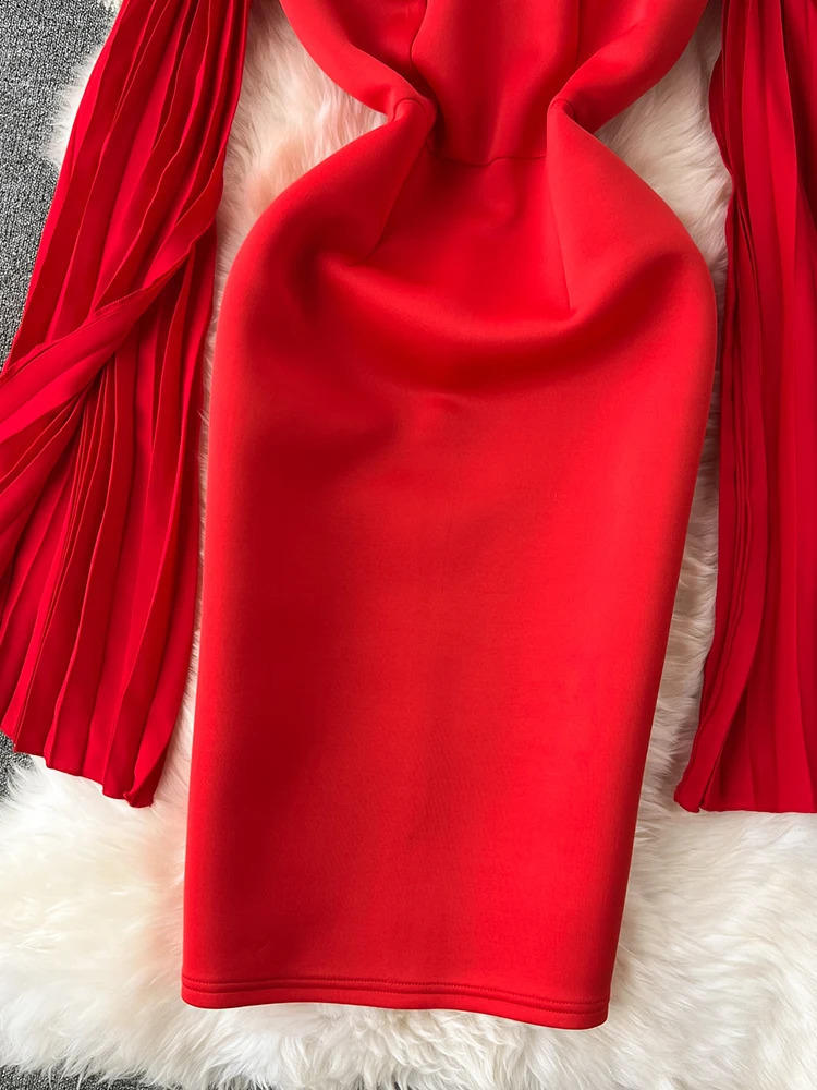 XFPV Womens Dress with Slant Collar Shining Sleeves Solid Color High Waist Folded Zipper Elegant Tank Top Fashion Spring and Autumn 2025 SM9499 241231