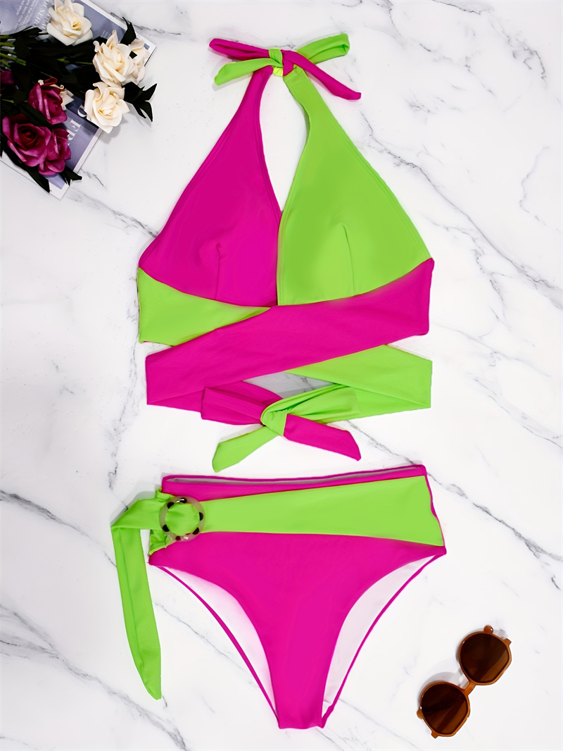 Stylish Women's Neon Bikini Set Crisscross Bandage Swimwear Back Tied Bikinis Set Swimsuit High Waist Bottom With Belt Halter Neck Summer Beach B