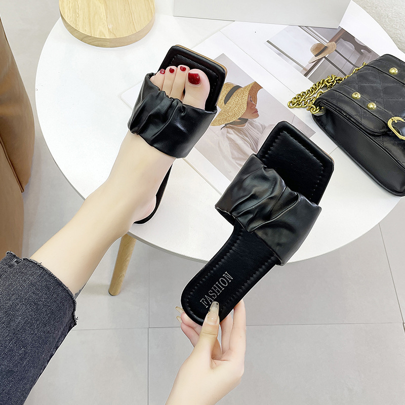 Heeled Ddmywed Flat Women Summer Version Fashionable Pleated Sandals For External Wear Square Headed Fairy Style One Line Slippers Chinese Brand Shoes
