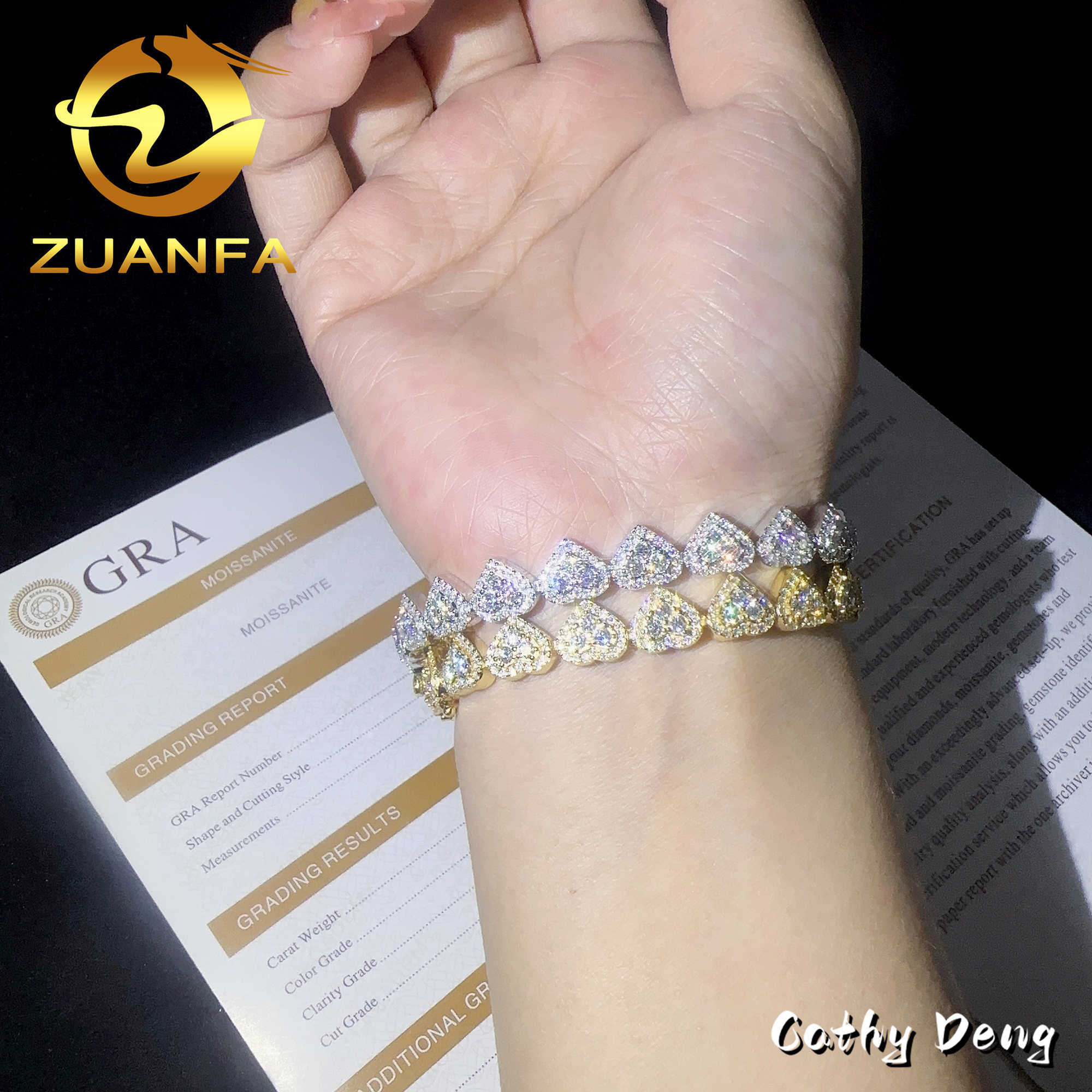 Fine 8mm Heart Shape VVS k Bracelet Sier Moissanite Hip Hop Jewelry Cuban chain for men women