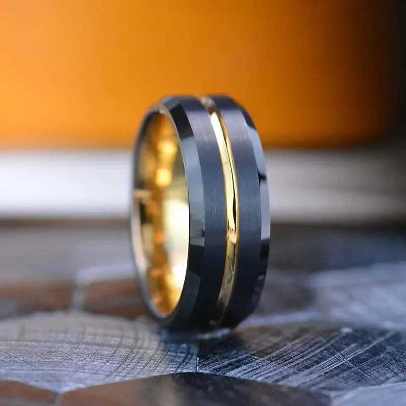 Fashionable 8MM mens gold groove stainless steel ring black brushed engagement ring womens wedding anniversary jewelry W250102