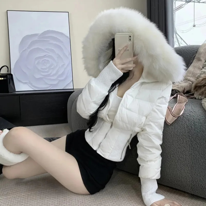 Fur Hooded High Street Short Down Jackets Zipper Fashion Slim Parkas Elegant Ladies Thick Outerwear Casual Black Coats For Women 241231