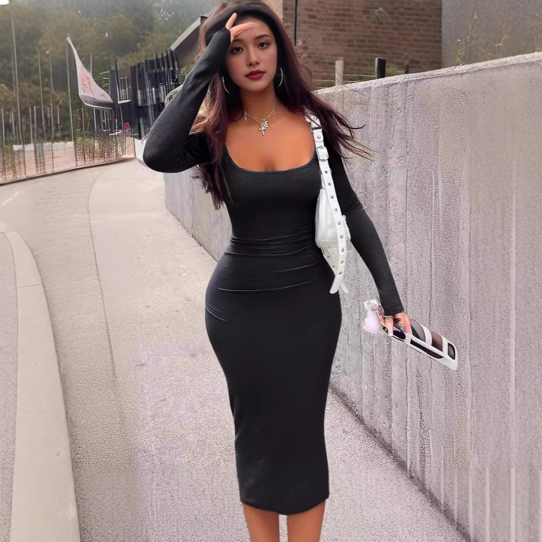 Womens Dress Autumn New Style Elegant Plain Color Slim Fit Hip Hugging Skirt