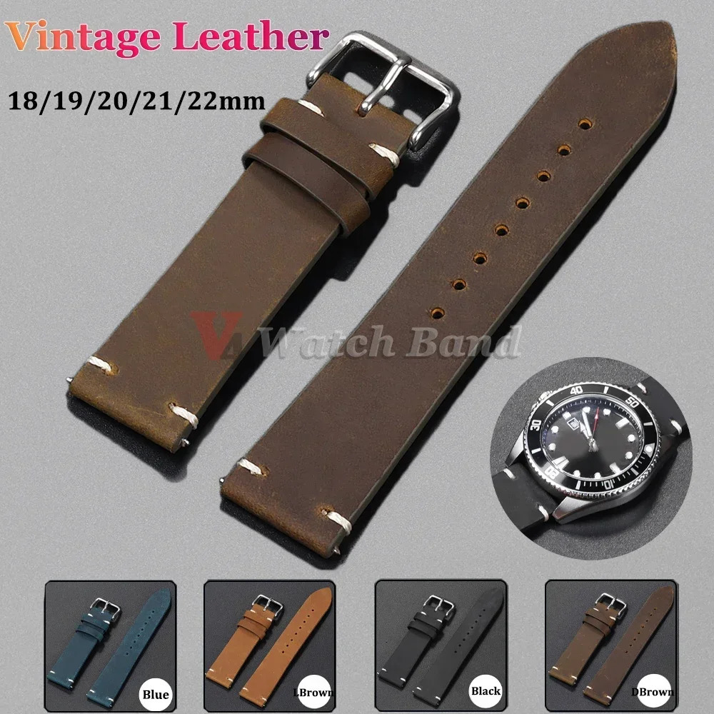 18mm 20mm 22mm 24mm 21mm Watch Straps Business Men Women Bands Retro Brown Cowhide Genuine Leather Strap Oil Wax Discoloration 241230