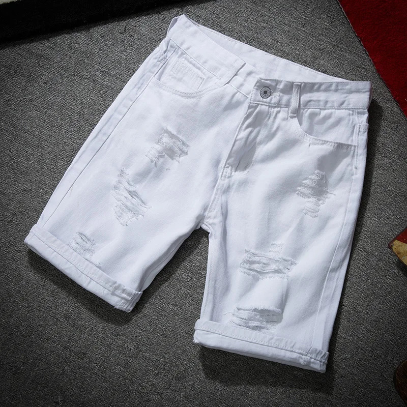 Mens white denim shorts summer mens hole casual shorts mens pure cotton ultra-thin slim shorts 241230