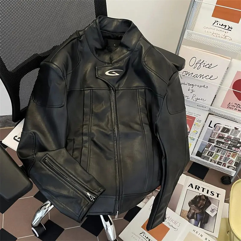 American high street standing collar jacket mens spring and autumn trend loose casual motorcycle jacket mens jacket 241230