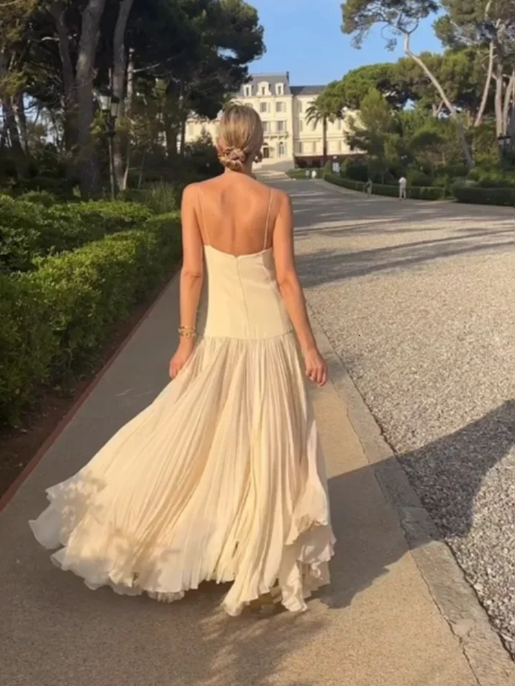 Womens Fashion Solid Camisole Pleated Hem Dress Casual Sleeveless Backless A-line Vestidos 2024 Summer Lady Vacation Party Robe 241231