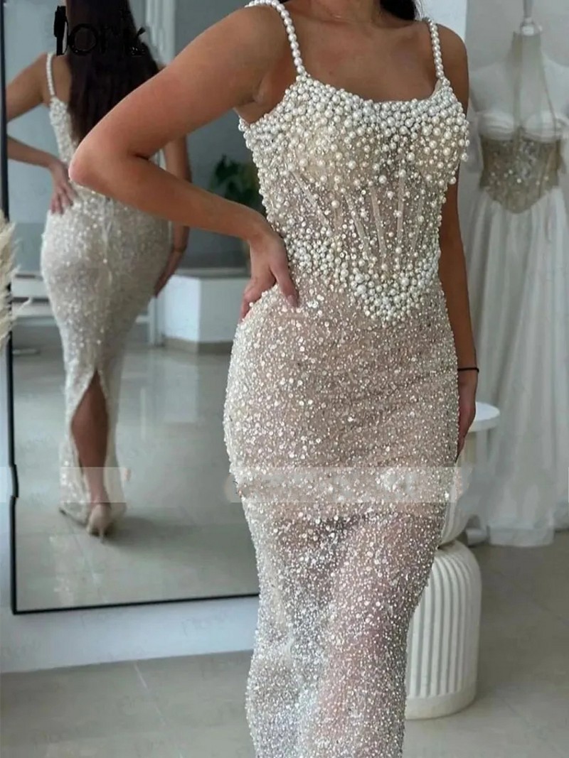 Banquet Evening Dress Pearls Spaghetti Straps Sequins Column Ankle Length Prom Formal Party Gowns Arabic Dubai Robe De Soiree