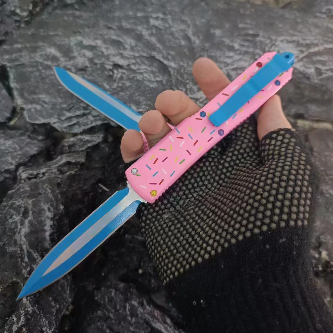 High End Knife D2 Blued Blade Pink Aviation Aluminum Handle Outdoor Camping Hiking Survival Tactical Knives with Nylon Bag