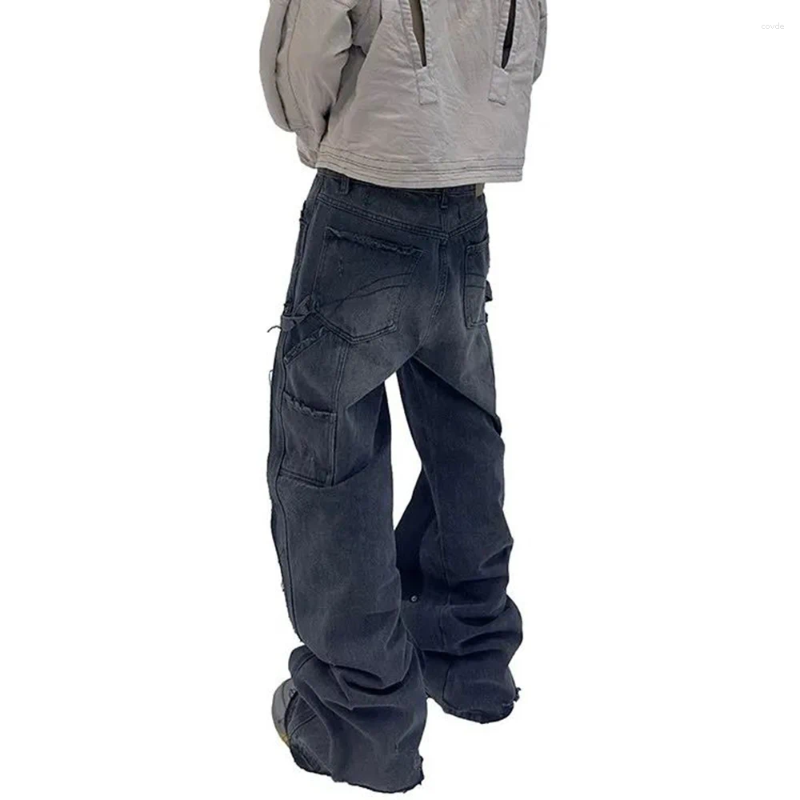 Men's Jeans Y2k Fashion Hip Hop High Street Double Knee Washed Design Rivets Destroyed Tassel Cargo Pocket Men Women Casual Trousers