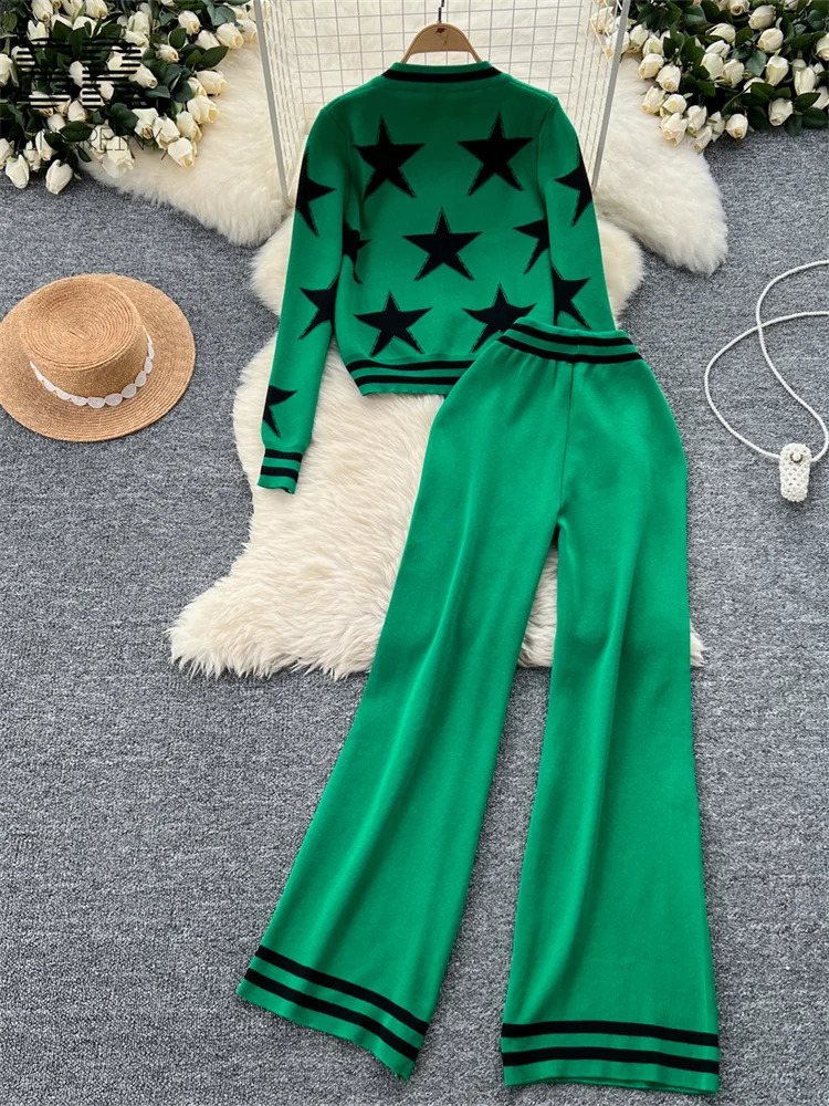 SINGREINY Korean Star Print Knit Two Pieces Suits Women O Neck Single Breasted Cardigan SweaterWide Leg Pants Casual 2pcs Sets 241230