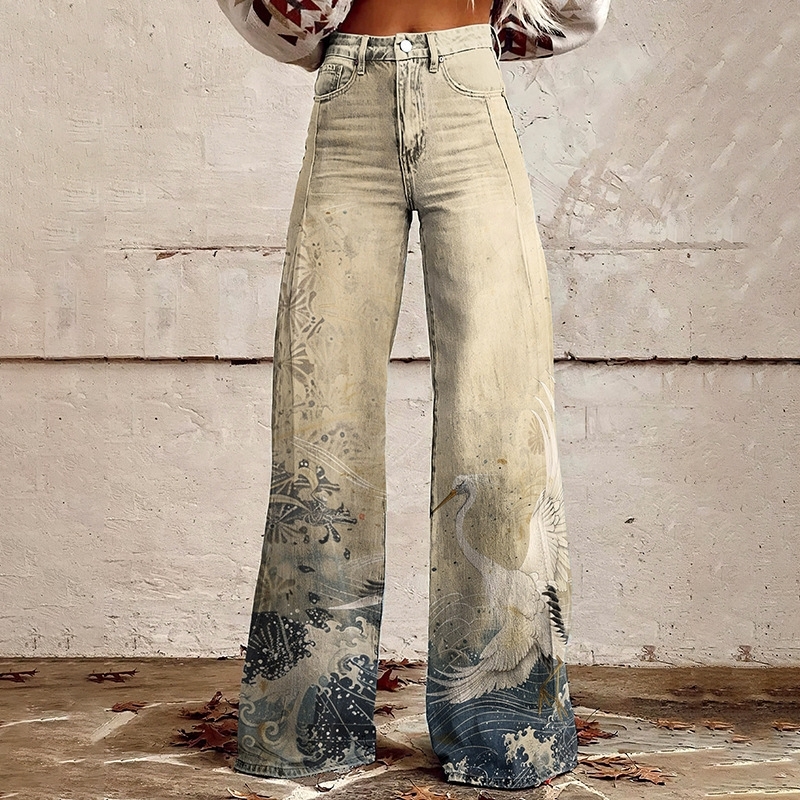 Plus Sizes S-5XL Women Jeans 2025 New 3D Heat Transfer Printing Bell Bottom Pants Simulation Denim Pants Loose Pants