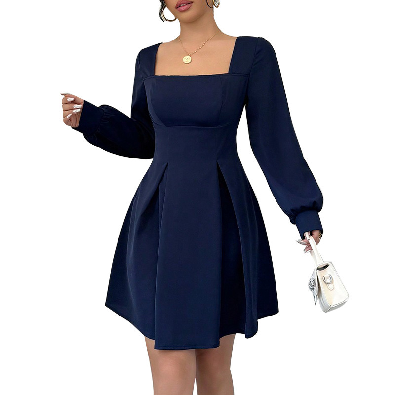 Womens Temperament Solid Color Square Collar Lantern Long Sleeved Dress Slim Fit and Slimming A-line Skirt