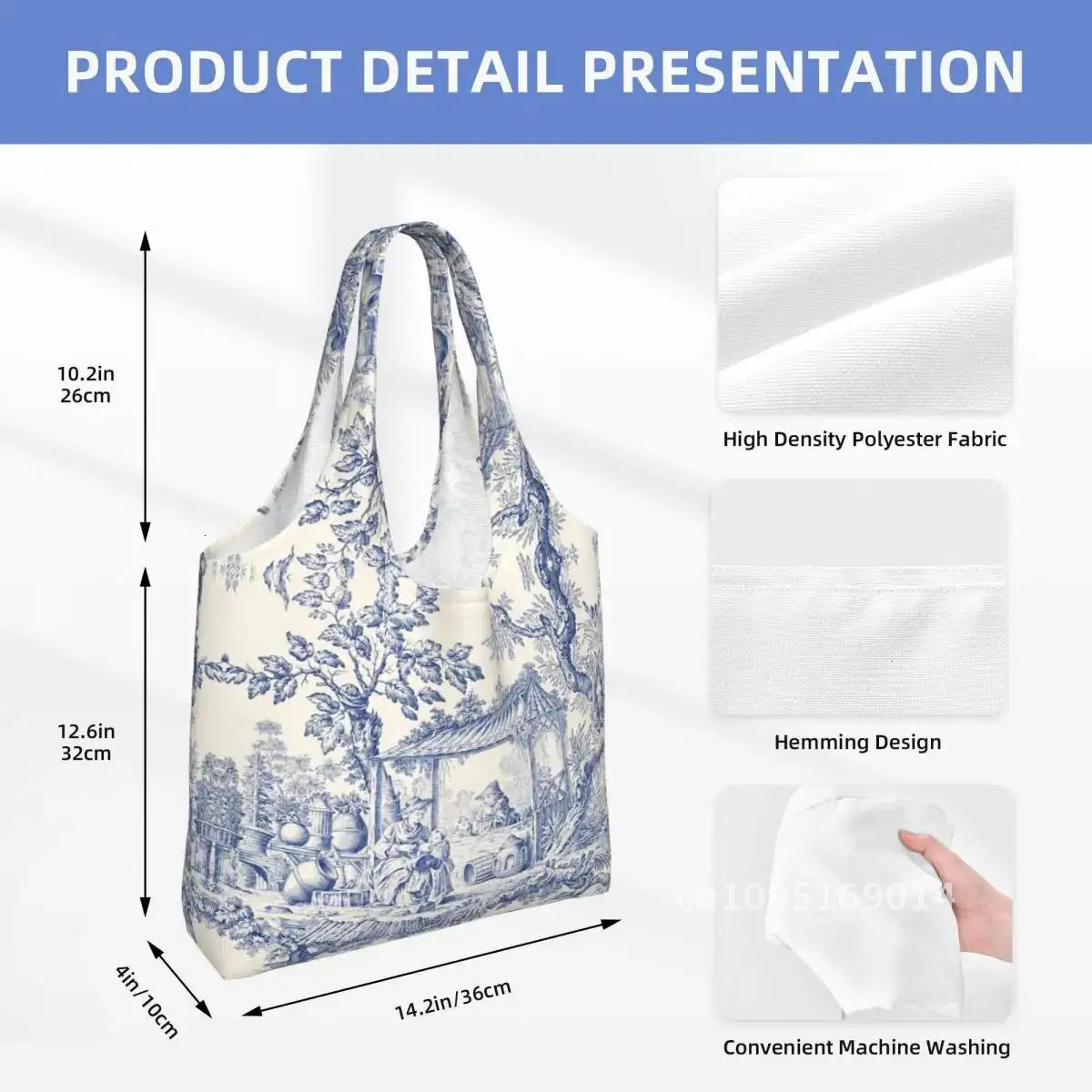 Custom Vintage Classic French Toile De Jouy Navy Blue Motif Pattern Shopping Tote Bag Reusable Canvas Shopper Shoulder Handbag 250102