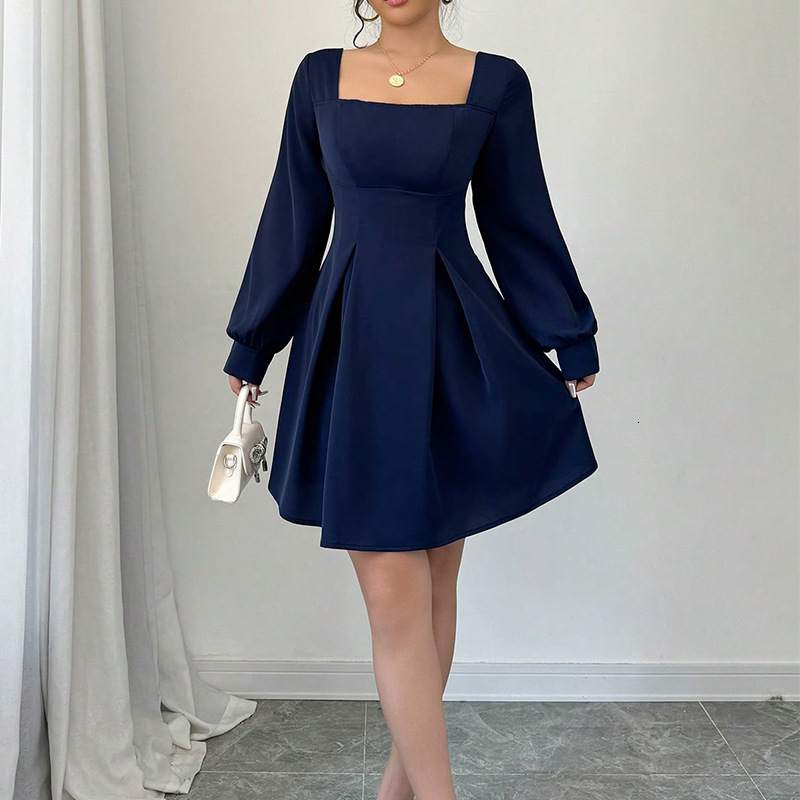 Womens Temperament Solid Color Square Collar Lantern Long Sleeved Dress Slim Fit and Slimming A-line Skirt