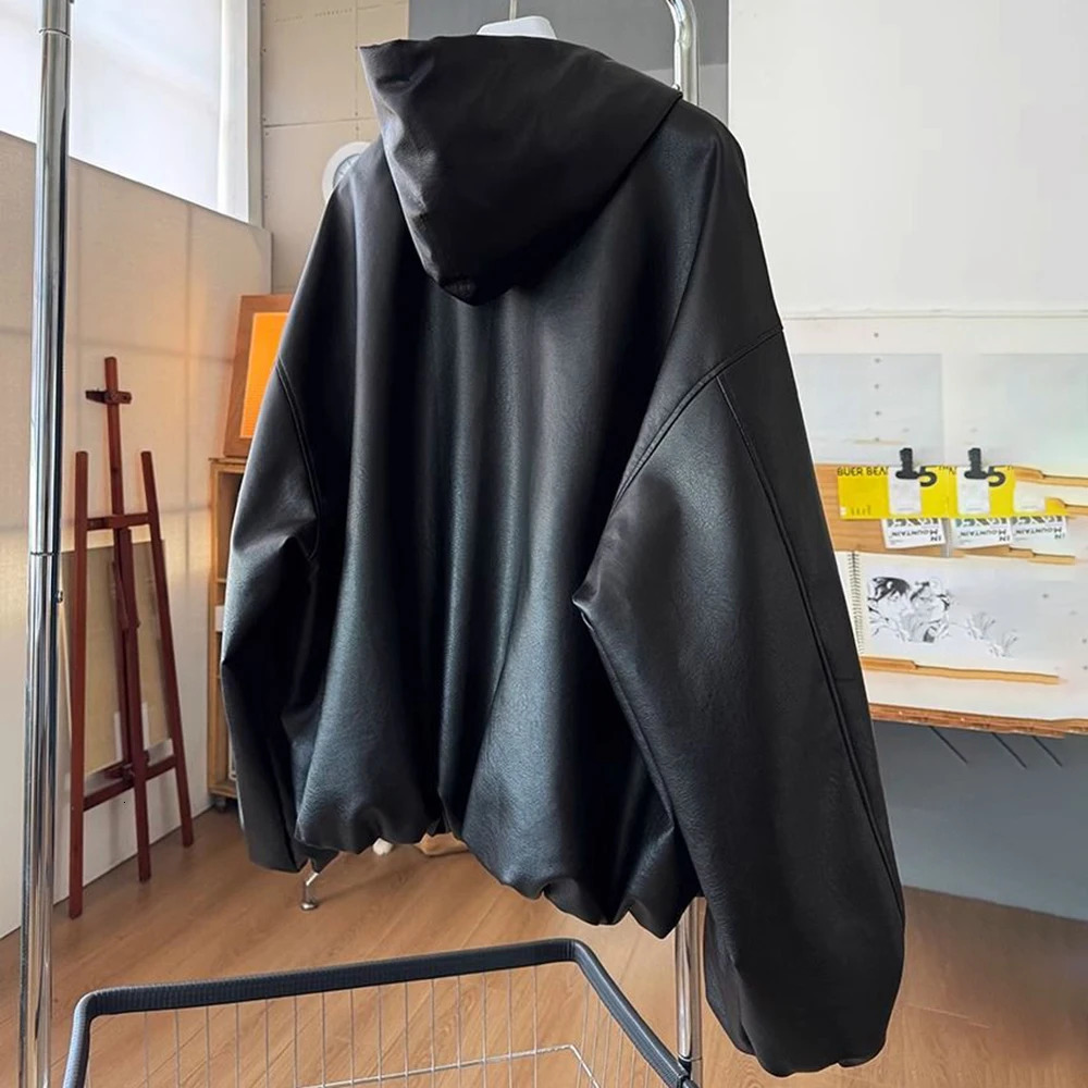 Mens fashion casual Y2k silhouette hooded leather jacket mens autumn and winter smooth windproof motorcycle jacket mens clothing 241230
