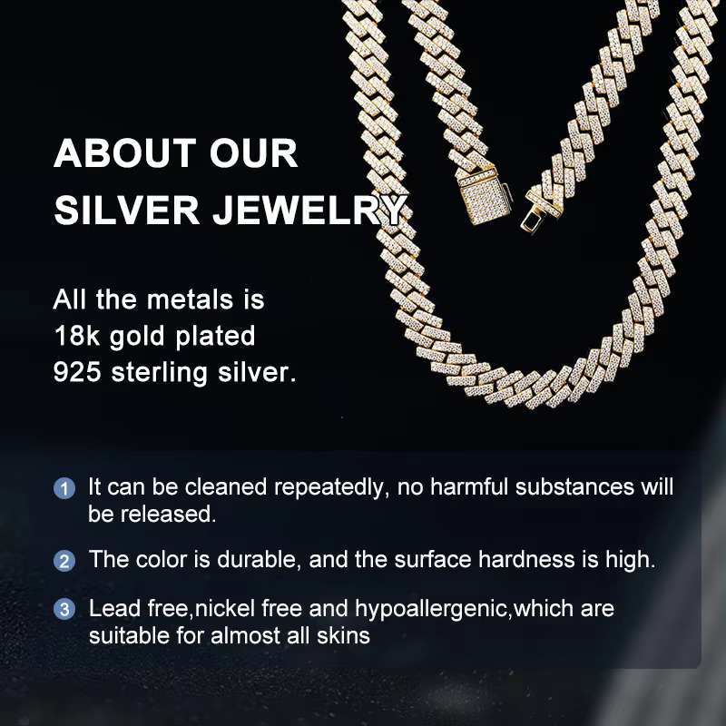 Hip Hop Jewelry Necklace Men D Color VVS Gold plated Mossanite k Cuban Moissanite Chain