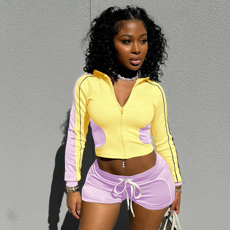 Womens Tracksuits Two Pieces Set 2025 New Stand Up Collar Slim Fit Fitness Suit Slimming Top Sports Jacket Shorts Set 4 Colors