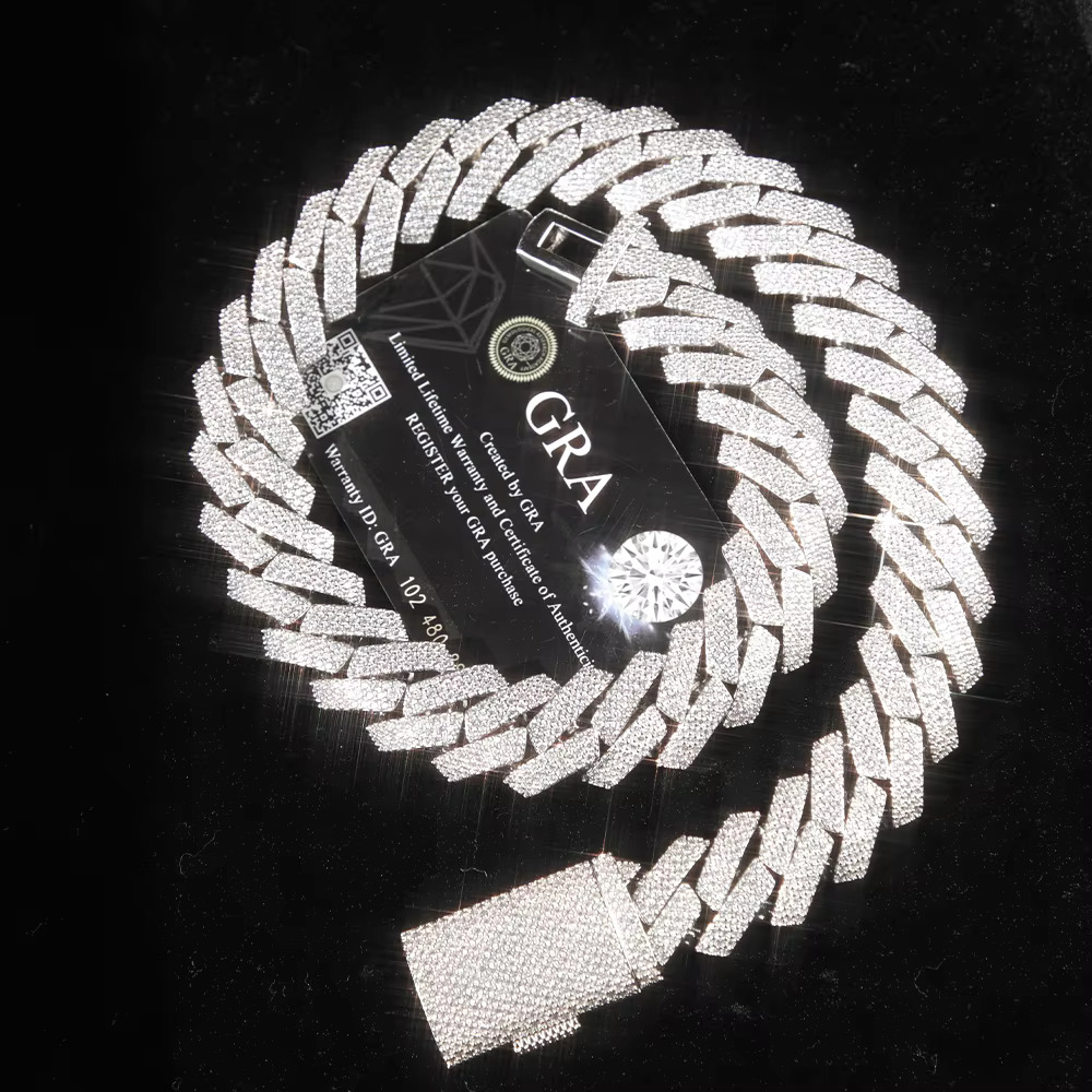 Wholesale price Heavy Sier weight 20mm 3rows VVS Moissanite dia gold Plated Cuban k chain for Man/women HipHop Necklace