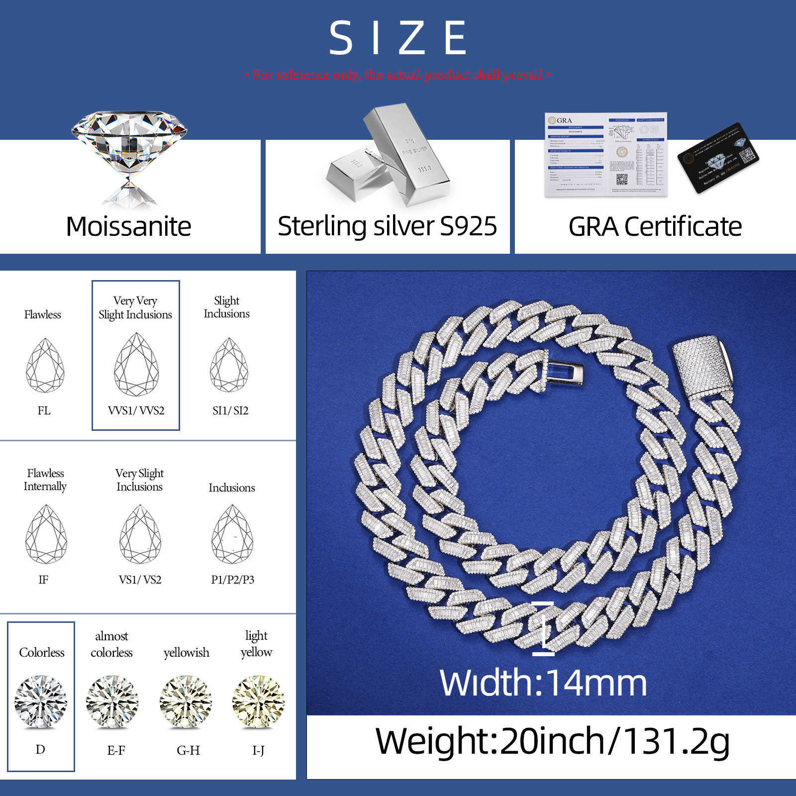 Pass Diamond Tester 14mm Baguette Moissanite Cuban Link Chain 925 Sterling Silver VVS Mossanite Diamond Iced Out Mens Necklace