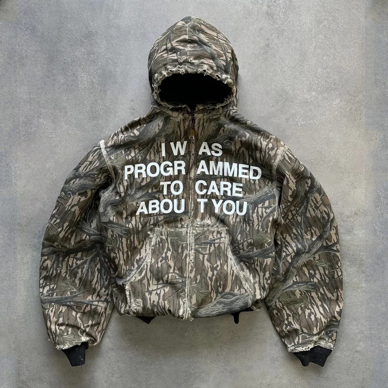 Y2K Harajuku zip Hoodie Casual vintage Letter Printed Oversized Camouflage Top Gothic Hip Hop Men Women Loose Trendy StreetWear 241231