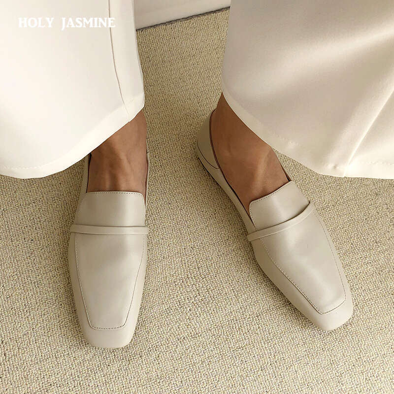 Cow Leather Square Toe Flats Casual Loafers Women Shoe Without Heel 2023 New Spring Autumn Mules Woman Simple White Shoes