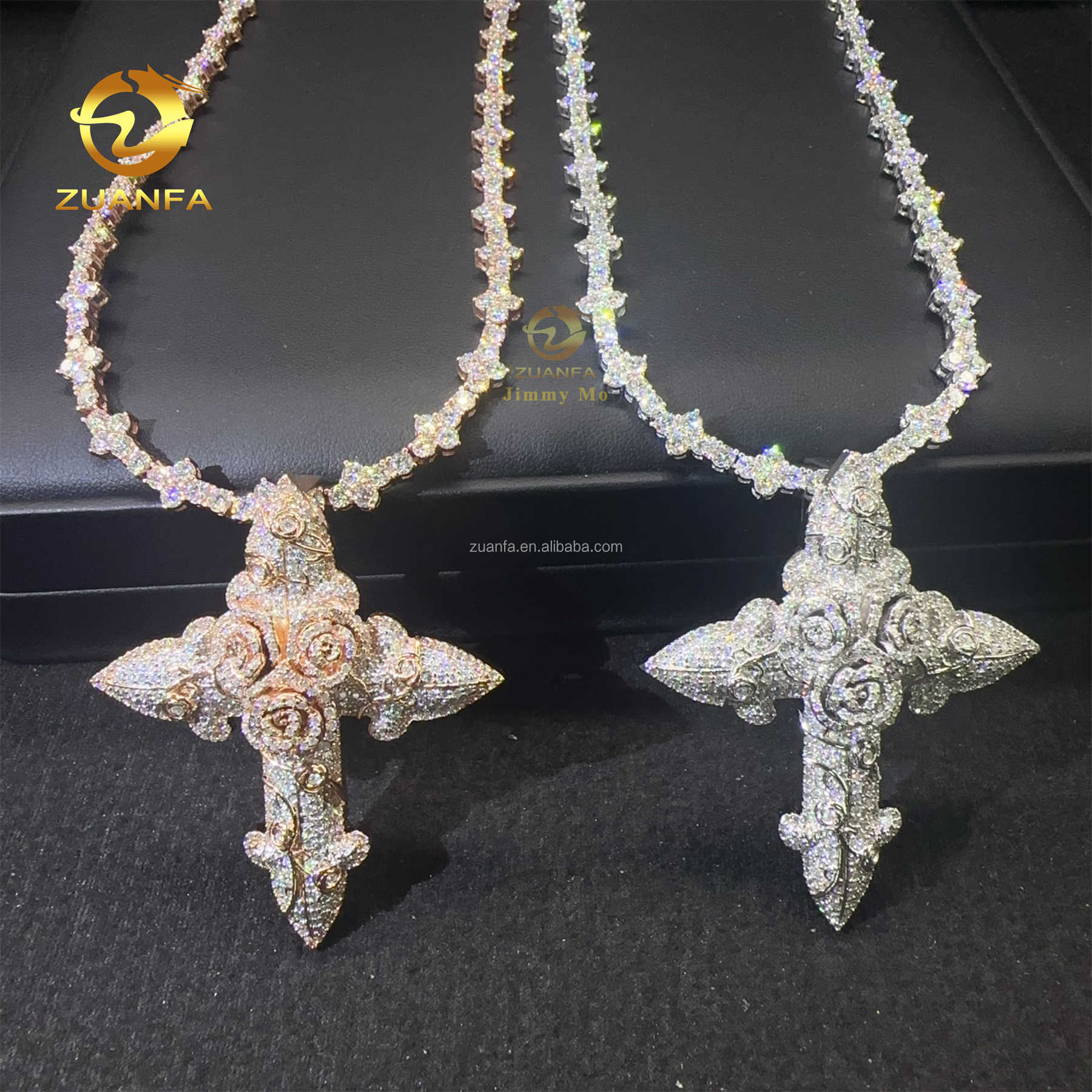 In Stock Fashion Man Jewelry Rose Gold Color Hip Hop Pendant S925 VVS1 Moissanite Diamond Rose Flower Cross Pendant Necklace Set