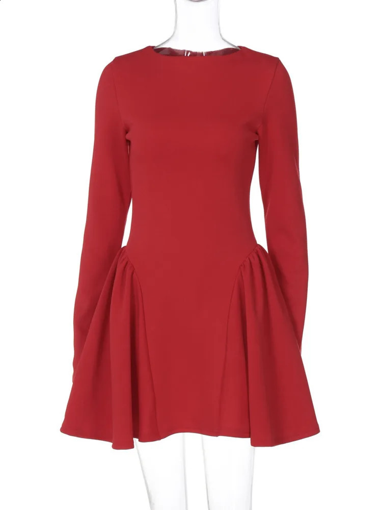 Mozision Elegant Long Sleeve Sexy Womens Mini Dress Solid O-Neck High Waist A-line Bodycon Club Party Dress 241231