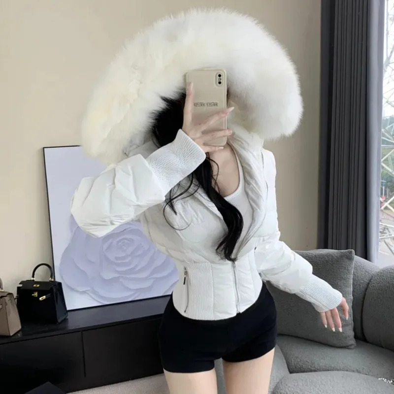 Fur Hooded High Street Short Down Jackets Zipper Fashion Slim Parkas Elegant Ladies Thick Outerwear Casual Black Coats For Women 241231