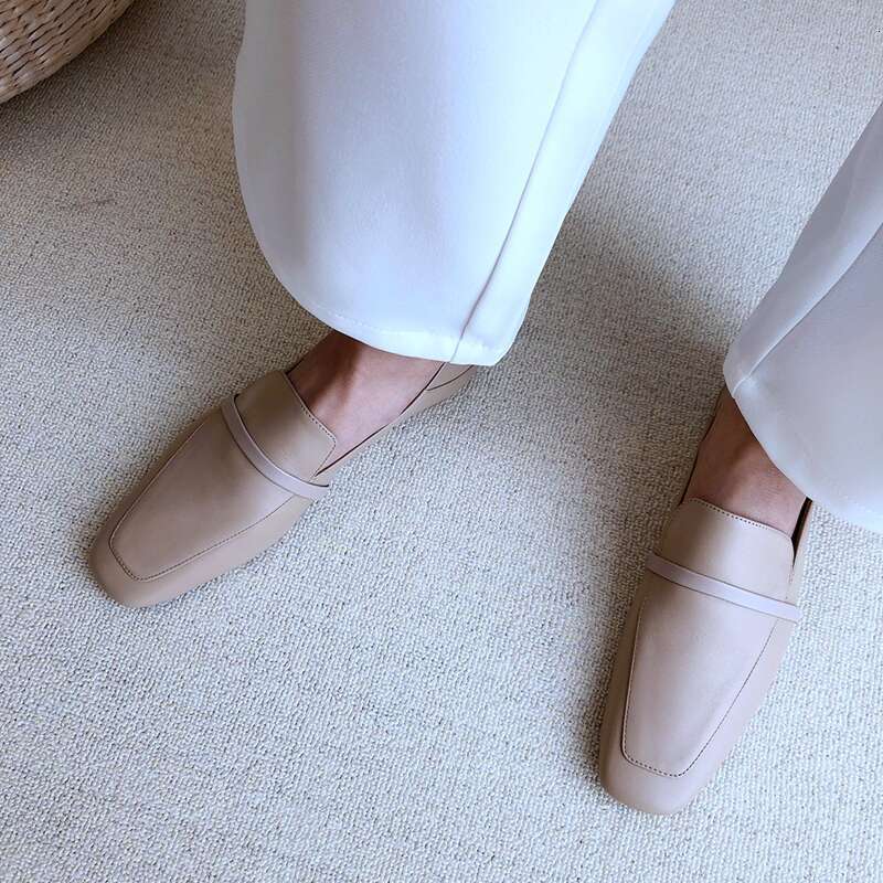 Cow Leather Square Toe Flats Casual Loafers Women Shoe Without Heel 2023 New Spring Autumn Mules Woman Simple White Shoes