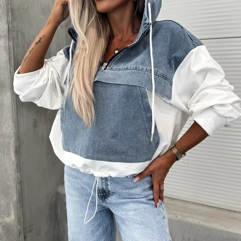 Elegant Women Drawstring Hooded Sweatshirt 2024 Fashion Stitching Denim Female Hoodie Ins High Street Jeans Long Sleeve Shirt 241231