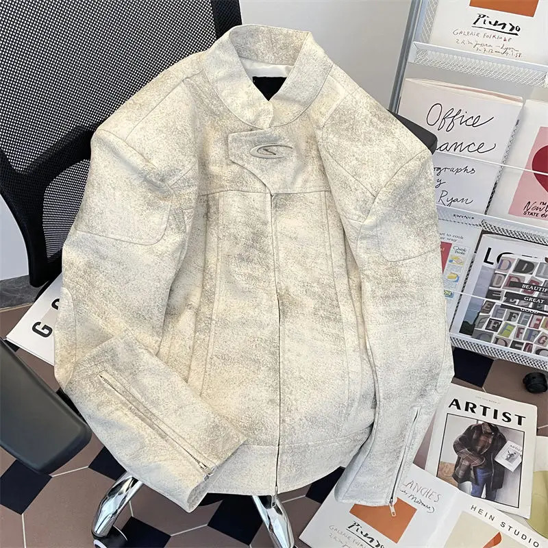 American high street standing collar jacket mens spring and autumn trend loose casual motorcycle jacket mens jacket 241230