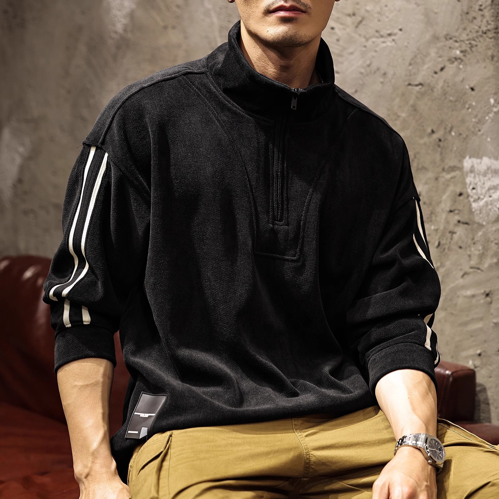 (203) Large Size Autumn Half Zip Chenille Stand Collar Sweatshirt