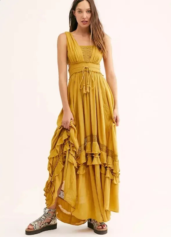 Canwedance Summer Beach Dress Sleeveless Cotton Maxi Dress Bohemian Style Solid Color Lace Ruffle Sundress Inkless Tank Top 241231